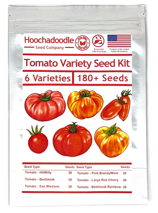 Heirloom Tomato Variety Seed Kit - 6 Tomato Variety - 180+ Seeds by Hoochadoodle Seed Company- Individually Resealable for Long-Term Storage