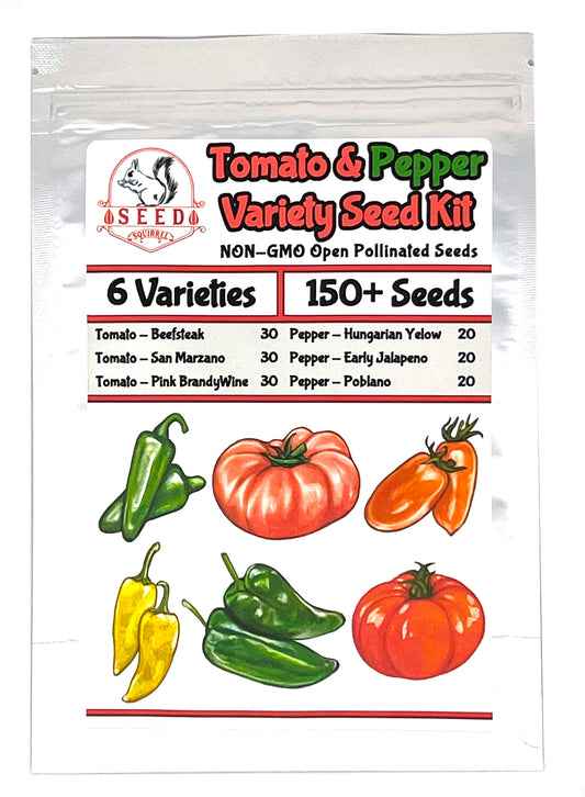 Heirloom Tomato and Pepper Variety Set Pack - 6 Variety Seed Pack Kit - 150+ Seeds by Seed Squirrel - Individually Resealable for Long-Term Storage