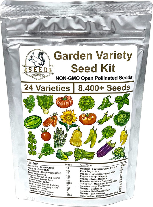Garden Seed Variety Kit - 24 Varieties - 8410+ Non-GMO Open Pollinated Seeds - Waterproof/UV Proof in Resealable Poly Bags