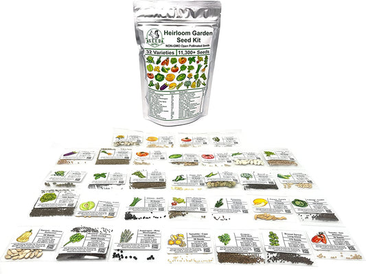 Heirloom Garden Seed Kit - 32 Varieties, 11,300+ Seeds - Survival Seed Kit - Non-GMO Open Pollinated Seeds by Seed Squirrel