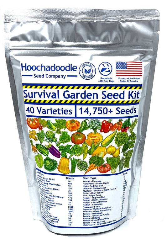Survival Garden Seed Kit - 40 Varieties, 14,750+ Non-GMO Open Pollenated Seeds Heirloom Survival Seed Kit - Hoochadoodle Seed Company
